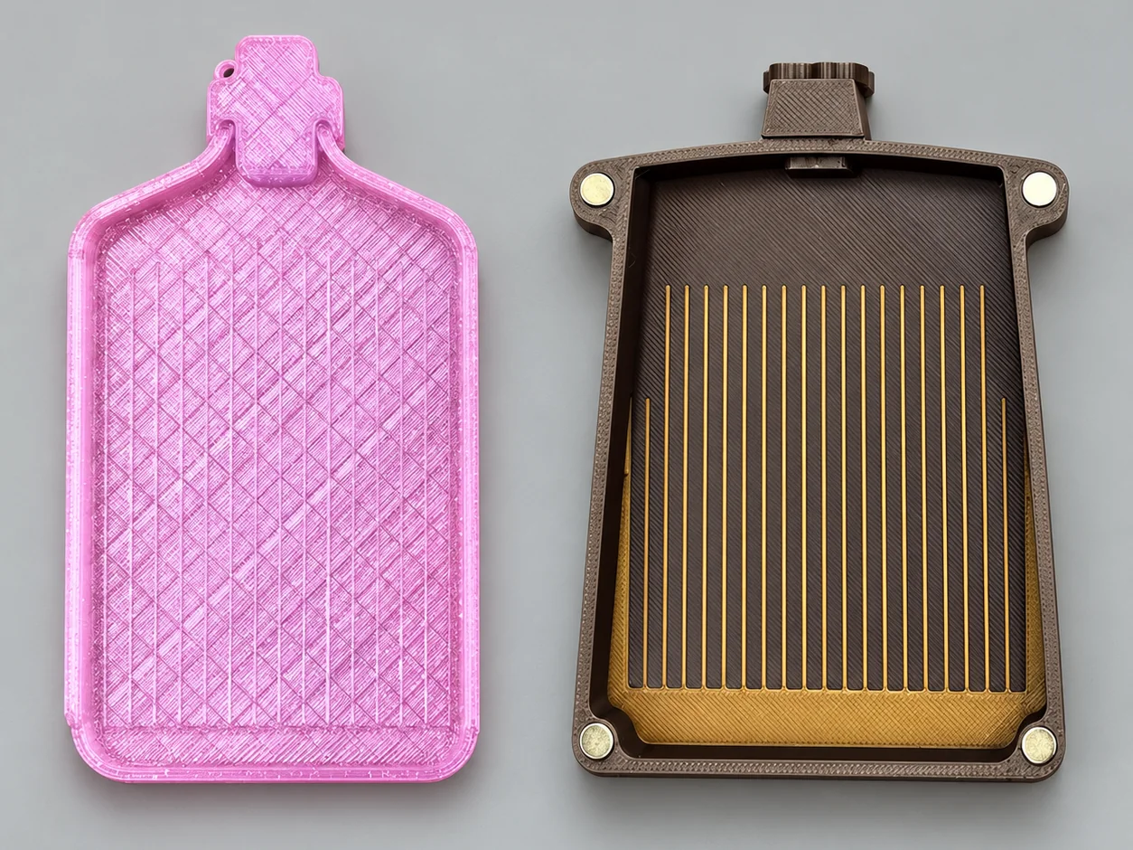Two 3D-printed diamond painting trays — a pink closable tray and a brown tray with a magnetic sliding lid