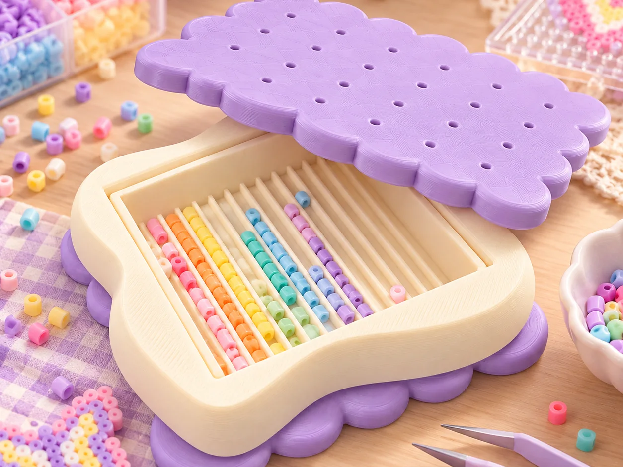 3D-printed mini fuse bead box with beads aligned in the grooves