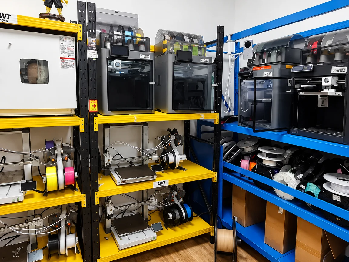3D printers and filament storage shelves in our workshop