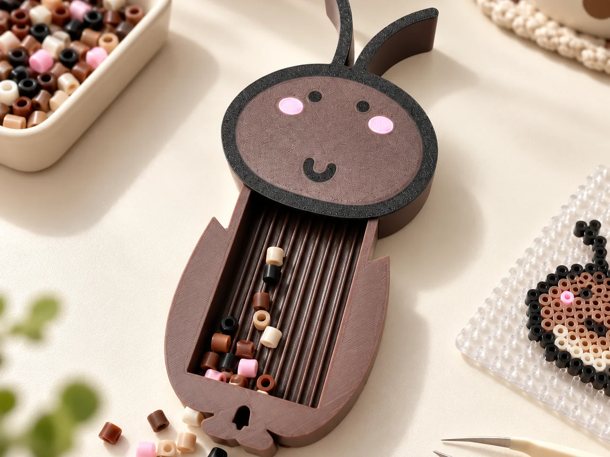 Bunny-themed 3D-printed mini fuse bead tool with beads in the grooves