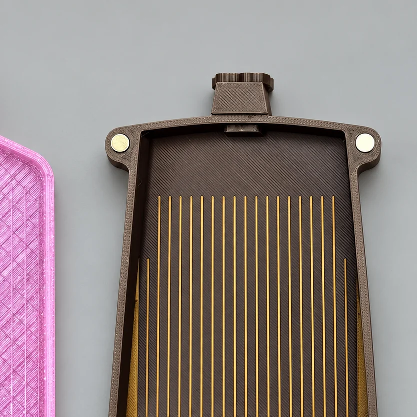 3D-printed diamond painting tray with gold alignment grooves and magnetic lid mounts