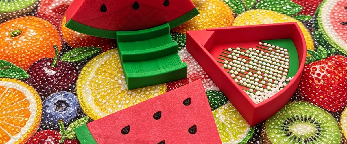 Watermelon-themed 3D-printed case with hinged lid and beads inside